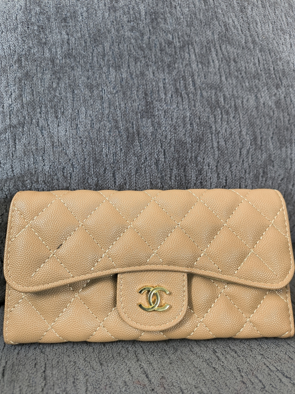 CHANEL Quilted Caviar Leather Wallet in Beige with Gold Hardware